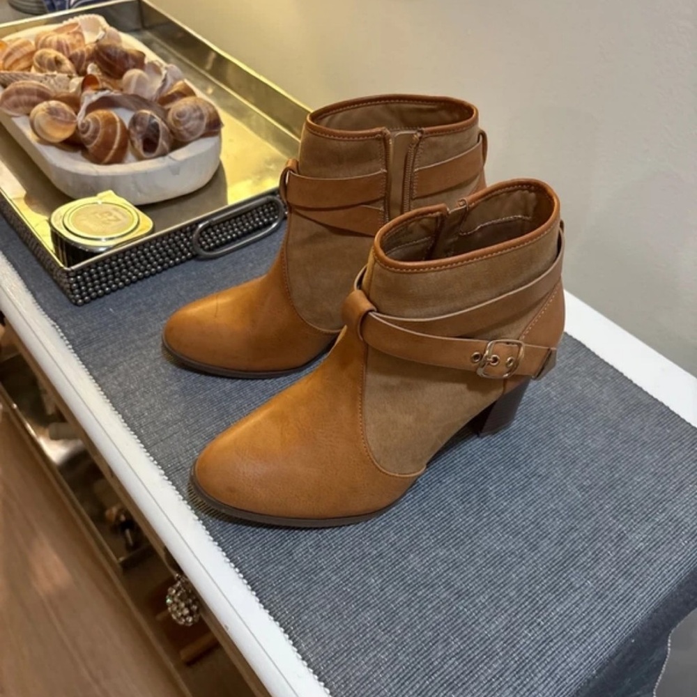 Boots Tan Ankle Booties with Strap
